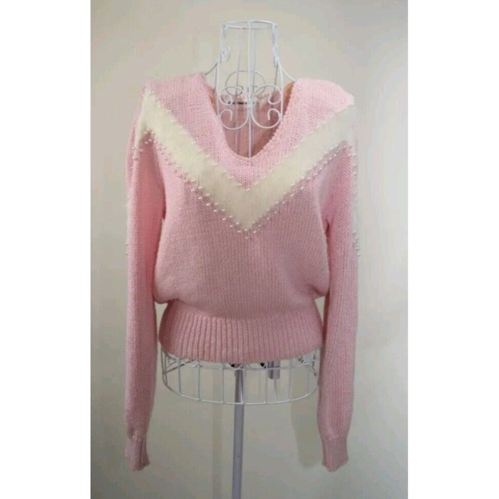 Pink Christina Grant Vintage Angora M Pull Over Sweater Pearls Angora Trim